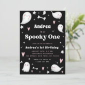 Roze en zwarte ghost Spooky One 1e verjaardag Kaart (Staand voorkant)