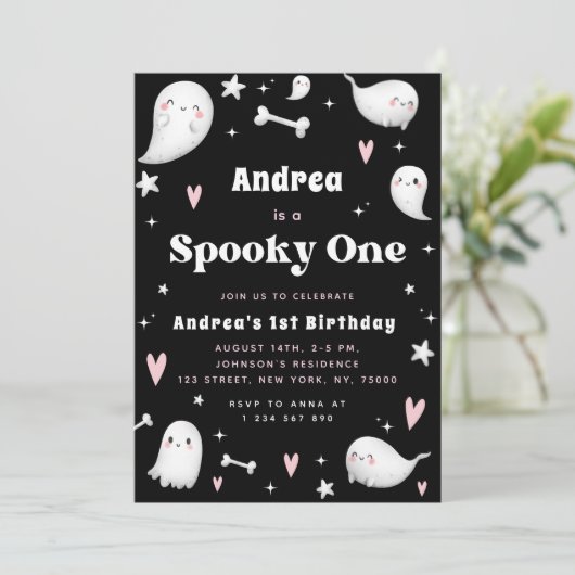 Roze en zwarte ghost Spooky One 1e verjaardag Kaart (Staand voorkant)