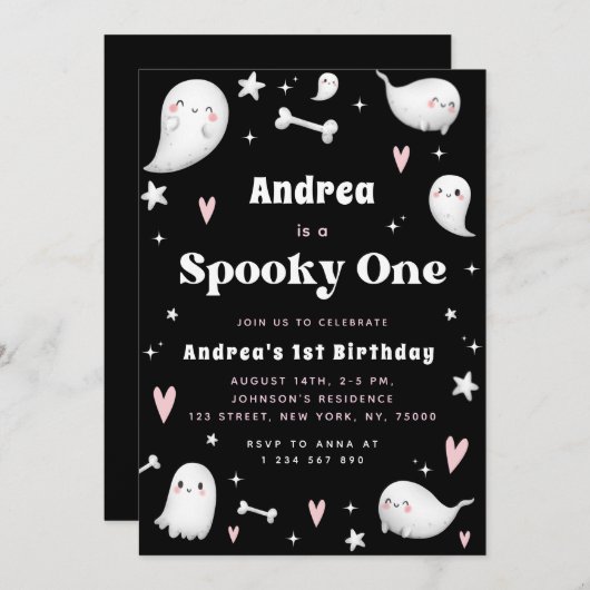 Roze en zwarte ghost Spooky One 1e verjaardag Kaart (Voorkant / Achterkant)