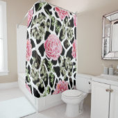 Roze en zwarte Giraffe en bloemen Douchegordijn (In situ)