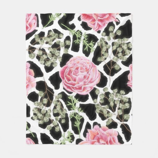 Roze en zwarte Giraffe en bloemen Fleece Deken (Voorkant)