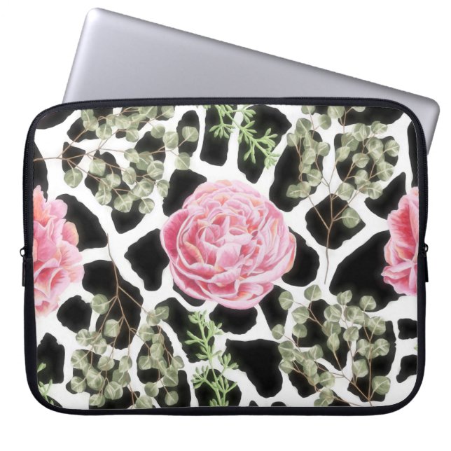 Roze en zwarte Giraffe en bloemen Laptop Sleeve (Voorkant)