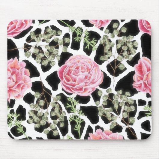Roze en zwarte Giraffe en bloemen Muismat (Voorkant)