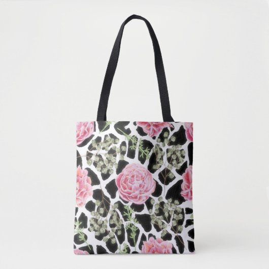 Roze en zwarte Giraffe en bloemen Tote Bag (Voorkant)