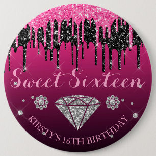 Roze en Zwarte Glitter Drip Diamanten Sweet Sixtee Ronde Button 6,0 Cm