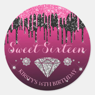 Roze en Zwarte Glitter Drip Diamanten Sweet Sixtee Ronde Sticker