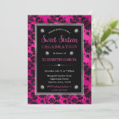 Roze en Zwarte Glitter Floral Damask Sweet 16 Kaart (Staand voorkant)