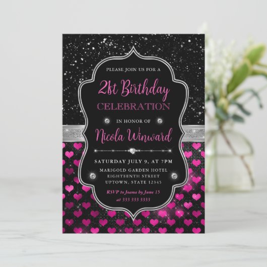 Roze en Zwarte Glitter Harten 21e Verjaardag Kaart (Staand voorkant)