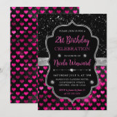 Roze en Zwarte Glitter Harten 21e Verjaardag Kaart (Voorkant / Achterkant)