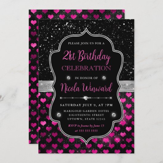 Roze en Zwarte Glitter Harten 21e Verjaardag Kaart (Voorkant / Achterkant)