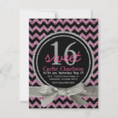 Roze en zwarte glitter Kijk Chevron Sweet 16 Party Kaart (Voorkant)