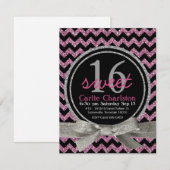 Roze en zwarte glitter Kijk Chevron Sweet 16 Party Kaart (Voorkant / Achterkant)