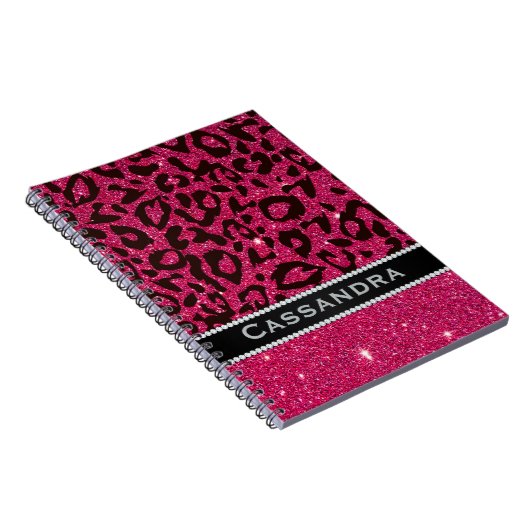 Roze en zwarte Glitter-leopardprinter Naam Ruites Notitieboek (Rechterzijde)