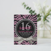 Roze en zwarte glitter look Zebra Sweet 16 Party Kaart (Staand voorkant)