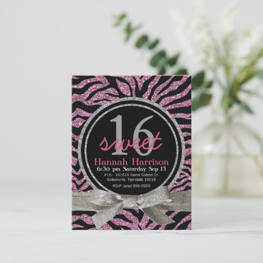Roze en zwarte glitter look Zebra Sweet 16 Party Kaart (Staand voorkant)