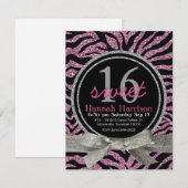 Roze en zwarte glitter look Zebra Sweet 16 Party Kaart (Voorkant / Achterkant)