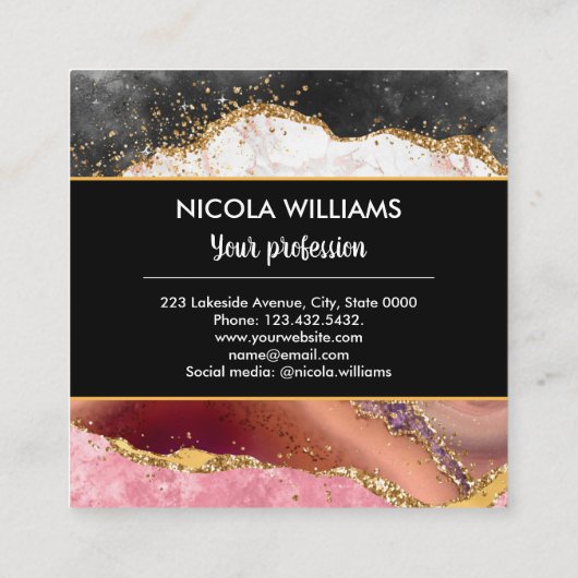 Roze en zwarte glitter marmer Agate Vierkante Visitekaartje (Achterkant)