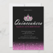 Roze en Zwarte Glitter Quinceanera Uitnodigingen (Voorkant)