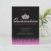 Roze en Zwarte Glitter Quinceanera Uitnodigingen (Staand voorkant)