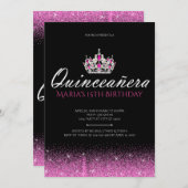 Roze en Zwarte Glitter Quinceanera Uitnodigingen (Voorkant / Achterkant)