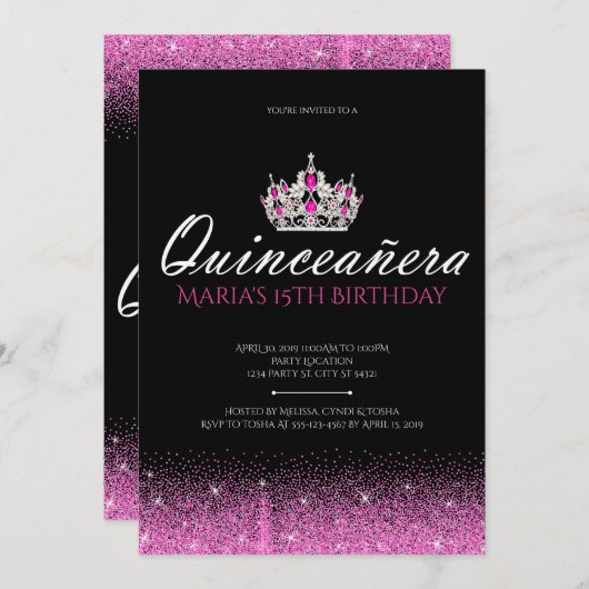 Roze en Zwarte Glitter Quinceanera Uitnodigingen (Voorkant / Achterkant)