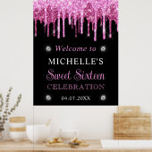 Roze en zwarte glitter Sweet 16 Welkomstteken Poster (Keuken)
