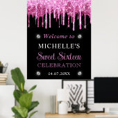 Roze en zwarte glitter Sweet 16 Welkomstteken Poster (Thuiskantoor)