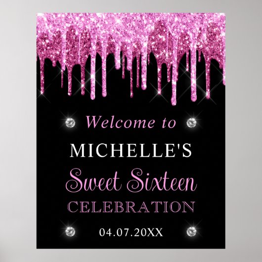 Roze en zwarte glitter Sweet 16 Welkomstteken Poster (Voorkant)