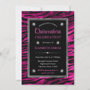 Roze en Zwarte Glitter Tijgerstrepen Quinceanera Kaart