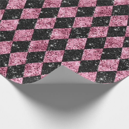 Roze en zwarte glitterdiamanten omslagpapier cadeaupapier (Hoek)