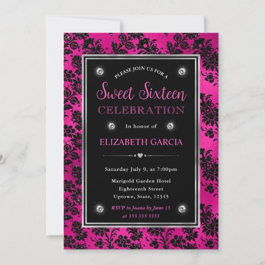 Roze en zwarte glitters glitters bloemendamask Swe Kaart (Voorkant)