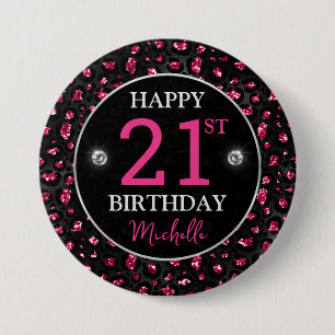 Roze en zwarte glitters luipaardvlekken verjaardag ronde button 7,6 cm