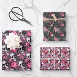 Roze en Zwarte Goth Bloemrijke Schedels Inpakpapier Vel