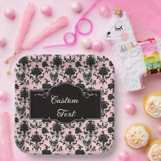 Roze en Zwarte Goth Schedels en Rozen Papieren Bordje