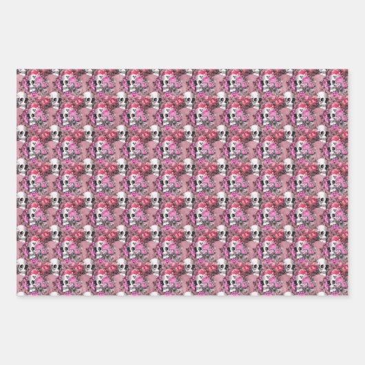 Roze en zwarte Gothic Bloemenschedels Inpakpapier Vel (Voorkant 3)