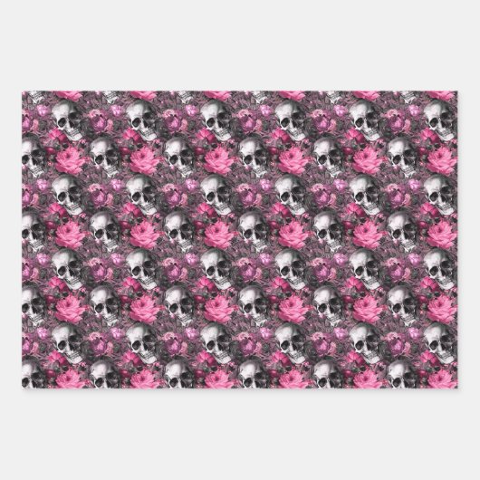 Roze en zwarte Gothic Bloemenschedels Inpakpapier Vel (Voorkant)