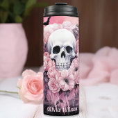 Roze en zwarte Gothic Floral Skull gepersonaliseer Thermosbeker