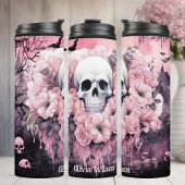 Roze en zwarte Gothic Floral Skull gepersonaliseer Thermosbeker