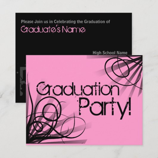 Roze en Zwarte Graduation Party Kaart (Voorkant / Achterkant)