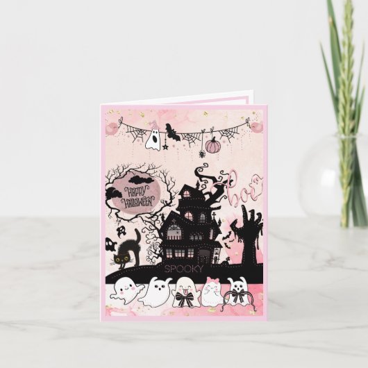 Roze en zwarte grillige Halloween-Kaart voor bedri Kaart (Voorkant)