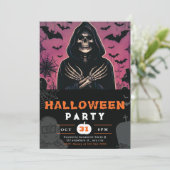 Roze en Zwarte Grim Reaper Skelet Halloween Kaart (Staand voorkant)