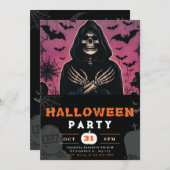 Roze en Zwarte Grim Reaper Skelet Halloween Kaart (Voorkant / Achterkant)