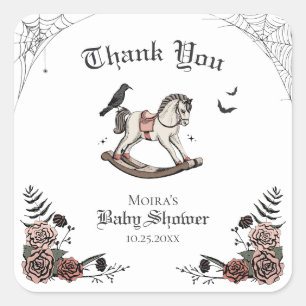 Roze en zwarte Halloween Baby shower Dank u Vierkante Sticker