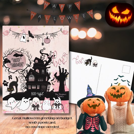 Roze en zwarte Halloween "Boo" Groeten Briefkaart