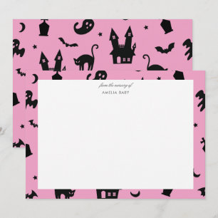Roze en zwarte halloween geboortekaartje voor baby notitiekaartje