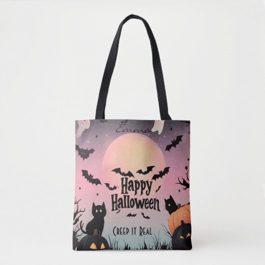 Roze en zwarte Halloween met vleermuizen en zwarte Tote Bag (Voorkant)
