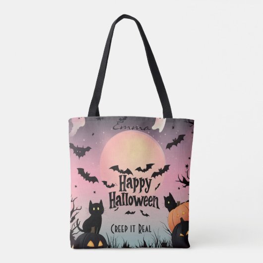 Roze en zwarte Halloween met vleermuizen en zwarte Tote Bag (Achterkant)