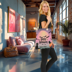 Roze en zwarte Halloween met vleermuizen en zwarte Tote Bag