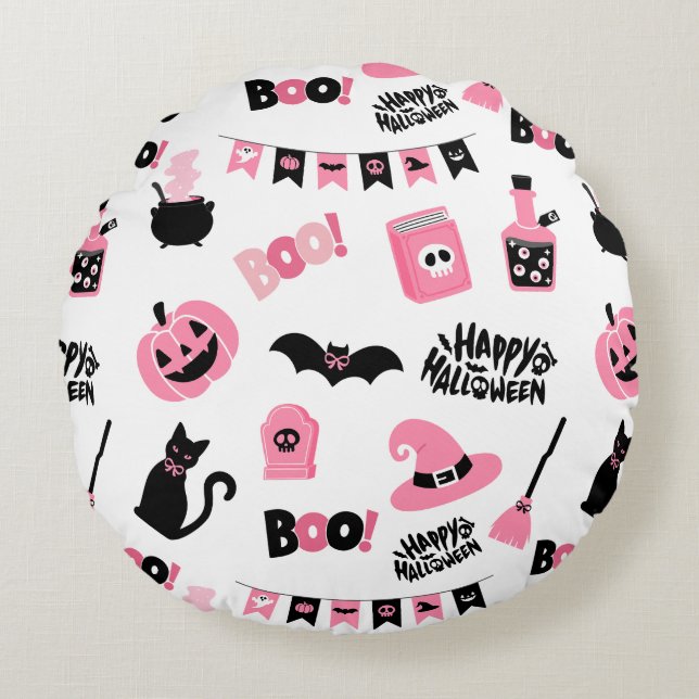 Roze en zwarte Halloween Rond Kussen (Voorkant)