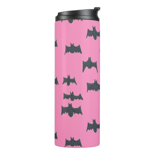 Roze en zwarte halloween vleermuizen thermosbeker (Gedraaid links)